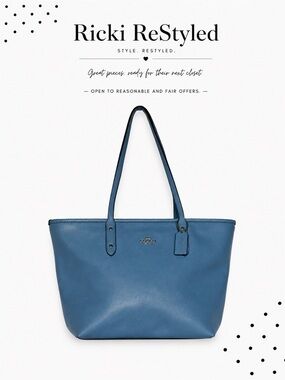 Coach City Tote Bag Blue Pebbled Leather Shoulder Handbag